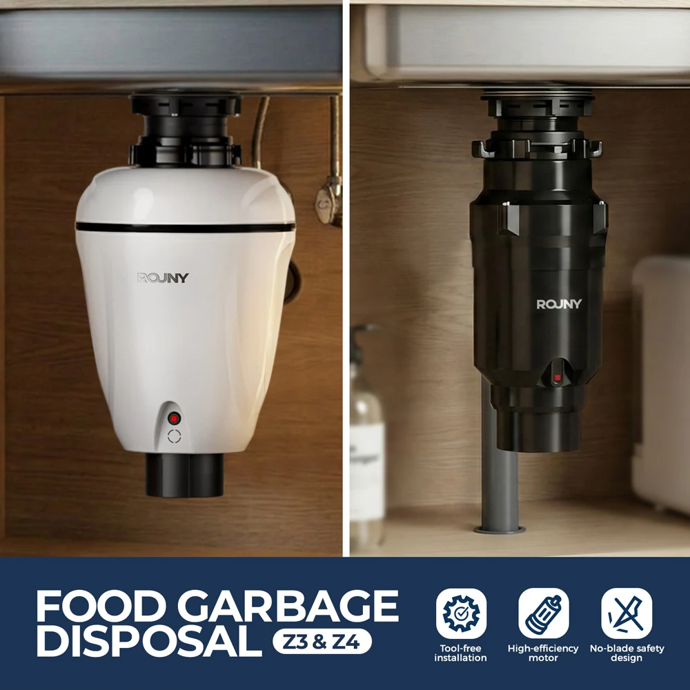 Uninterrupted Feeding Kitchen Waste Shredder With Dual 0.5/0.75 HP Power, Whisper Quiet Operation, Heavy-Duty Stainless Steel Grinding Chamber Assembly, Under Sink Food Waste Grinder For Domestic Kitchen Sink Installation, ROUNY