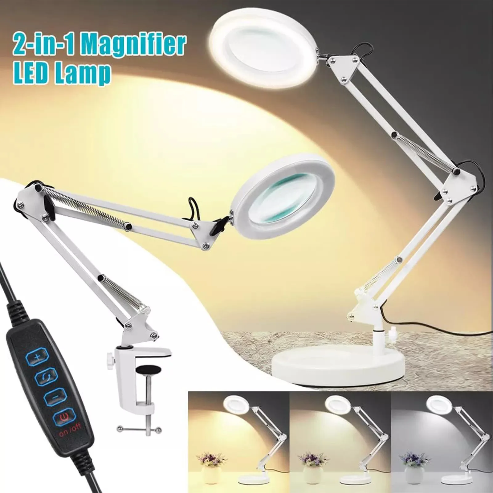 10x Magnifying Desk Lamp with LED Lighting, Including Base and Clamp