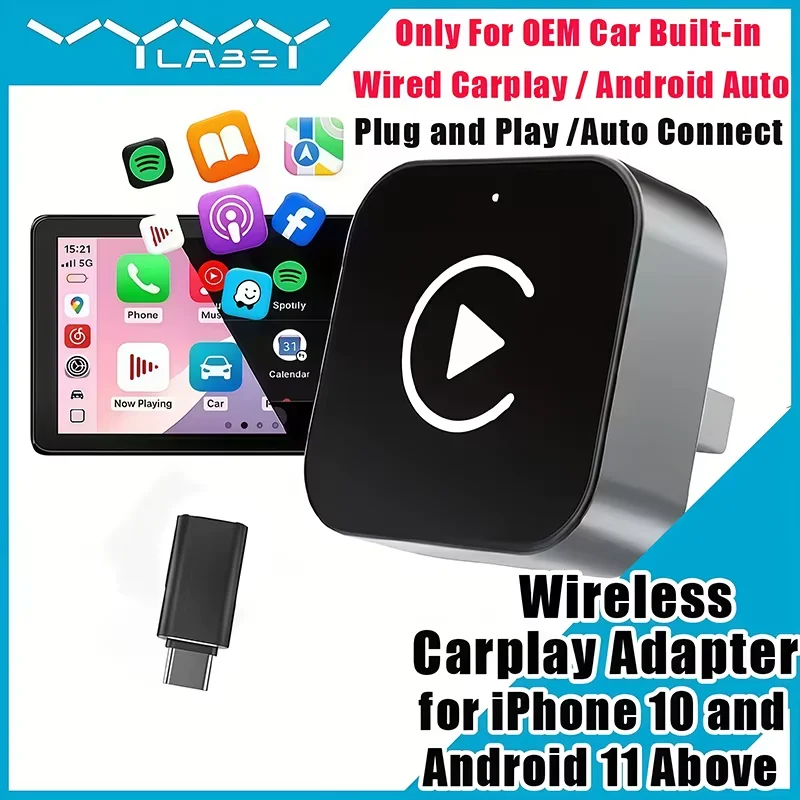 Vyvylabs 2-in-1 Wireless CarPlay Adapter USB USB-C Converter for Factory Wired CarPlay Vehicles iOS 10+ Android 11+ Android Auto Support