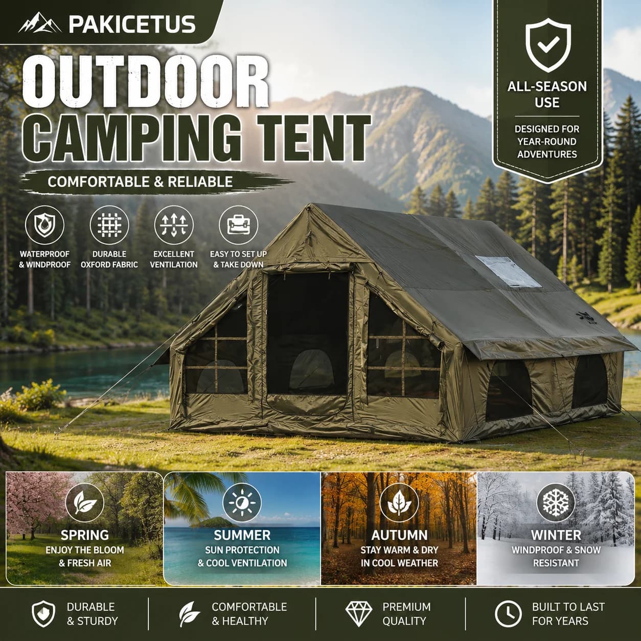 PAKICETUS Inflatable Camping Tent, Family 4 Season Air Tent with Stove Jack, Windproof Insulated Self-Supporting Outdoor Tent with Windows, Easy Setup Portable Shelter for Camping Travel