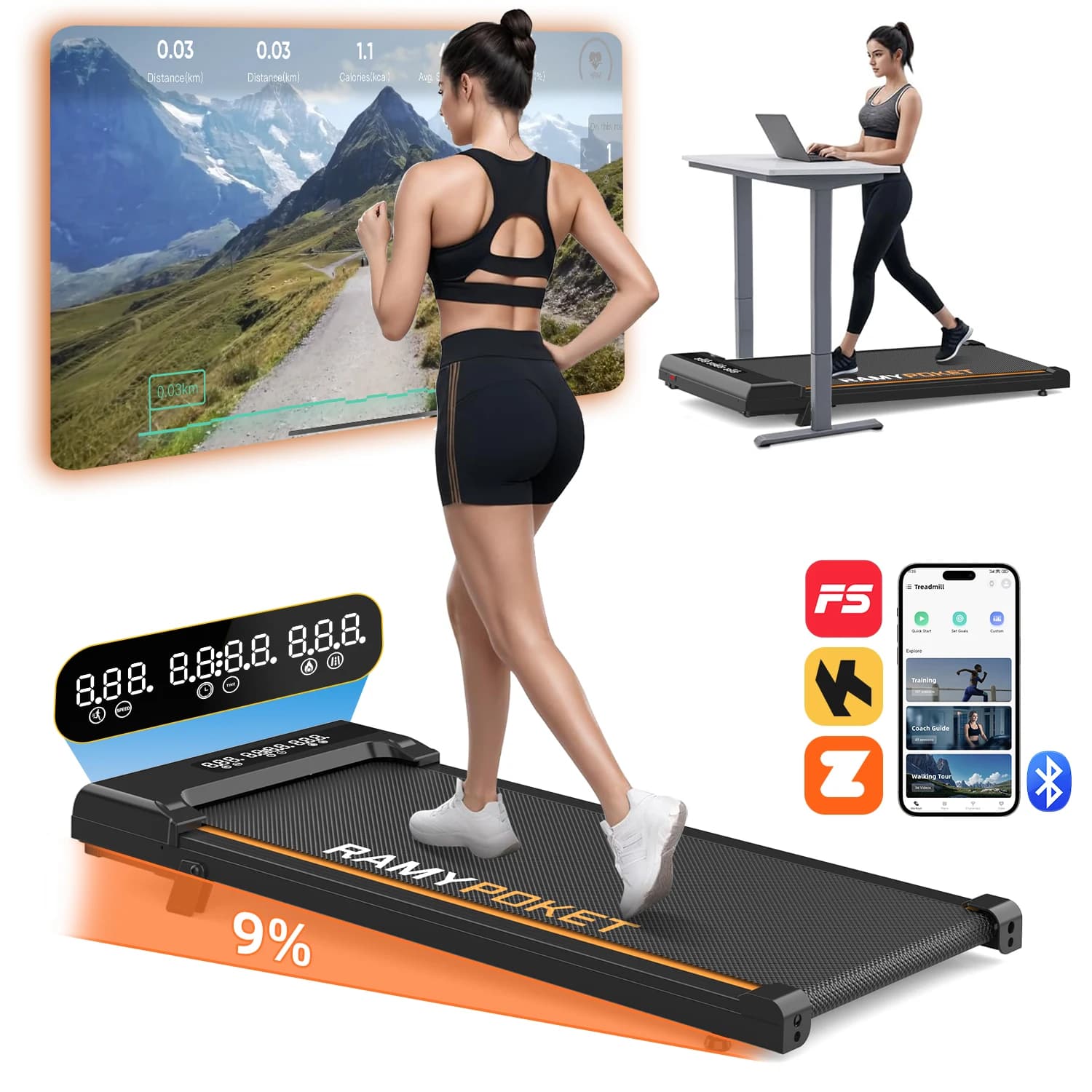 RAMYPOKET Foldable Walking Pad with 9% Incline Silent Motor Smart APP Three Window Display 1–8KM/H Speed 120KG Capacity Treadmill for Home Office