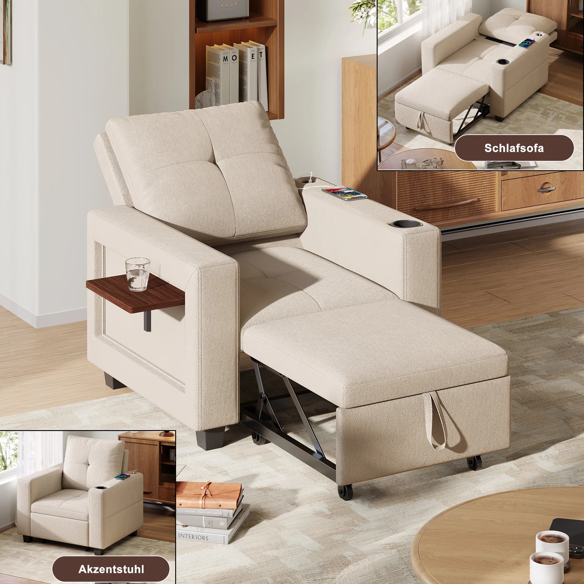 Anajqaqia 3 in 1 Sofa Bed with Folding Table Board & Drink Holder,Sleeping Chair with Bed Function,Adjustable Backrest in 5 Positions(100°-180°),Extendable Sofa with Sleep Function,Single Bed
