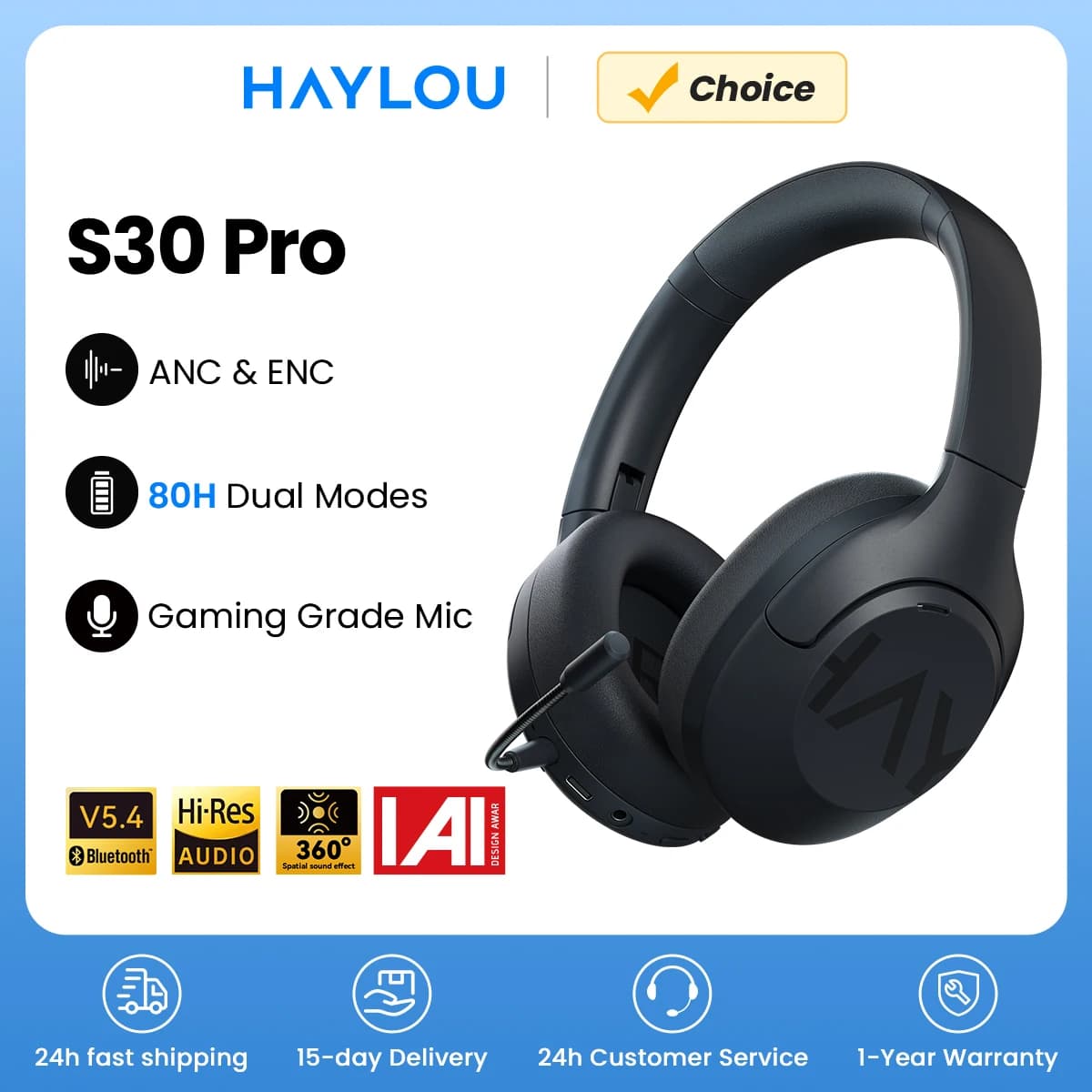 HAYLOU S30 Wireless Bluetooth 5.4 Headphones 43dB Adaptive Noise Cancelling Headsets 40mm Driver 80H Playtime Earphones