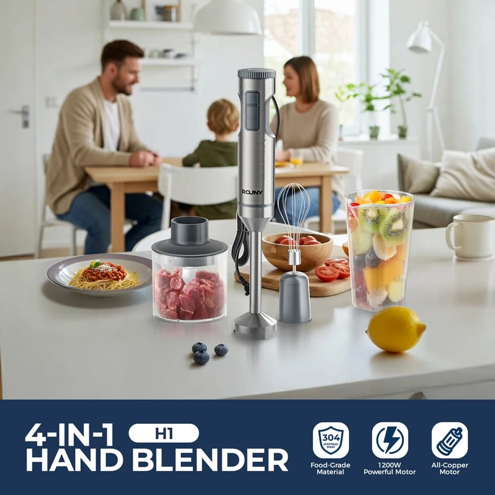 ROUNY 1200W 4-in-1 Hand Immersion Blender, 14-Speed Stainless Stick Mixer, 700ml Beaker & 500ml Chopper, Whisk, Snap-On Storage