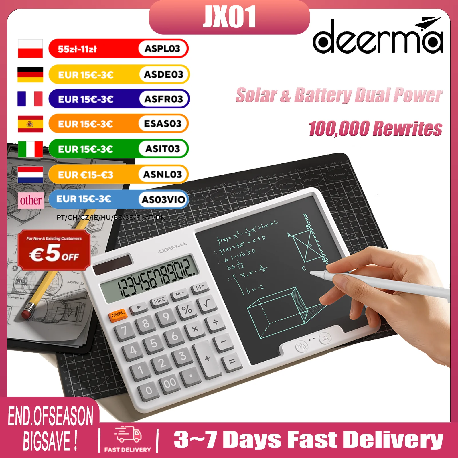 Deerma JX01 Portable Calculator 12-Digit Large LCD Screen Button Battery Powered Desktop Calculator for Office & Student