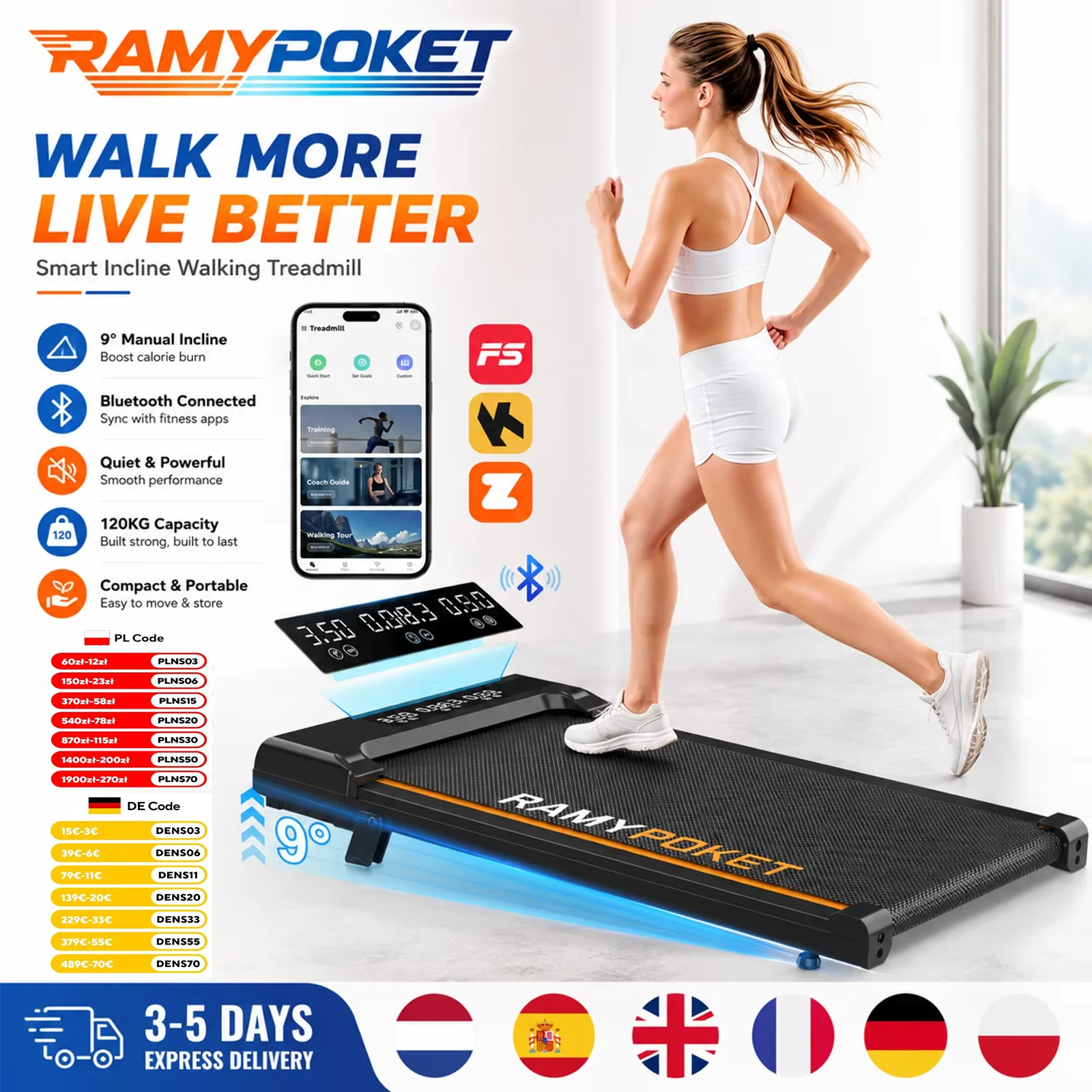 RAMYPOKET Foldable Walking Pad with 9% Incline Silent Motor Smart APP Three Window Display 1–8KM/H Speed 120KG Capacity Treadmill for Home Office