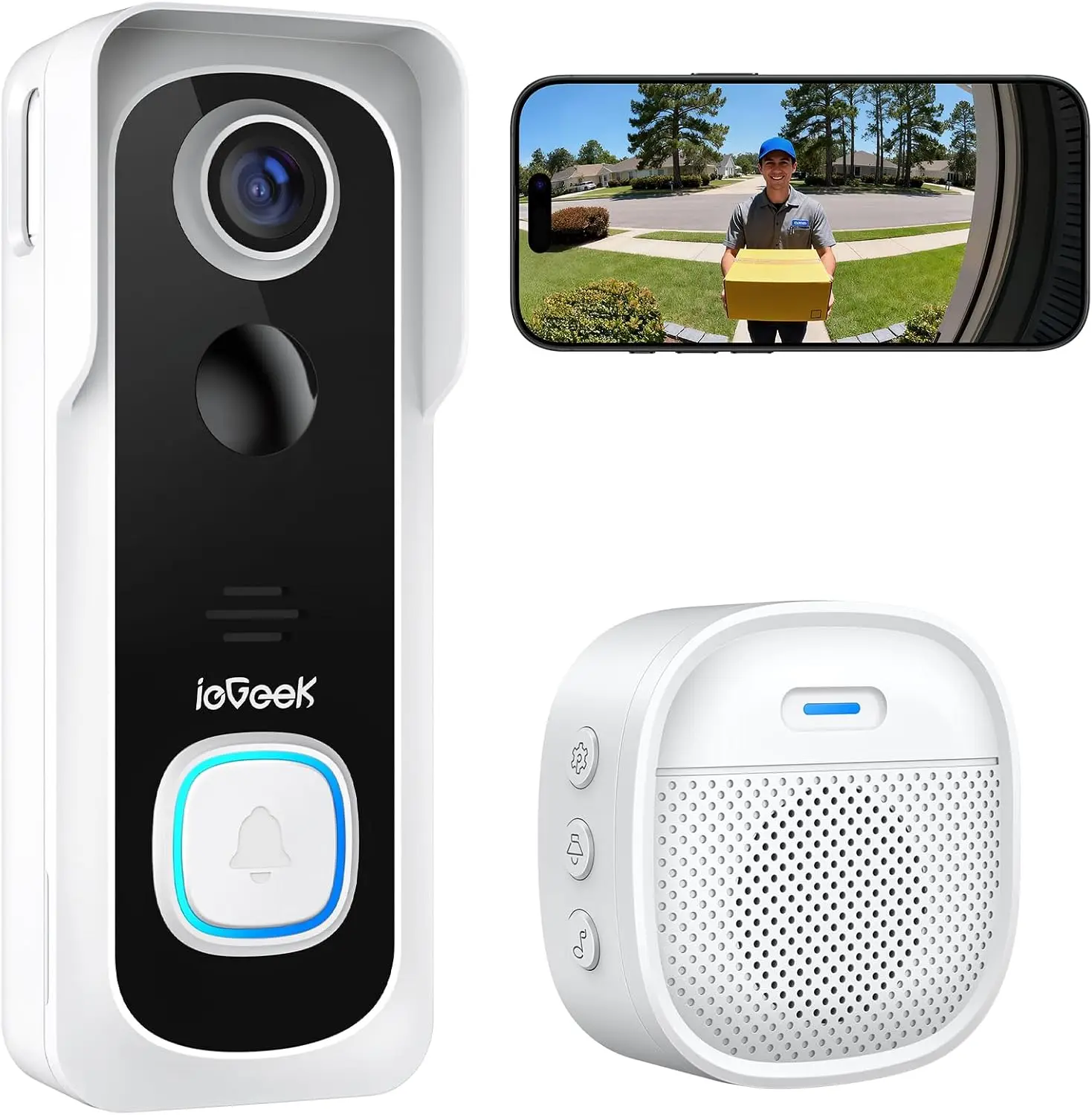 IeGeek 2K HD Doorbell Camera Wireless Video Doorbell with Indoor Chime, Smart Human Detection Instant Alert, Clear Night Vision, Only 2.4GHz WIFI, Works with Alexa