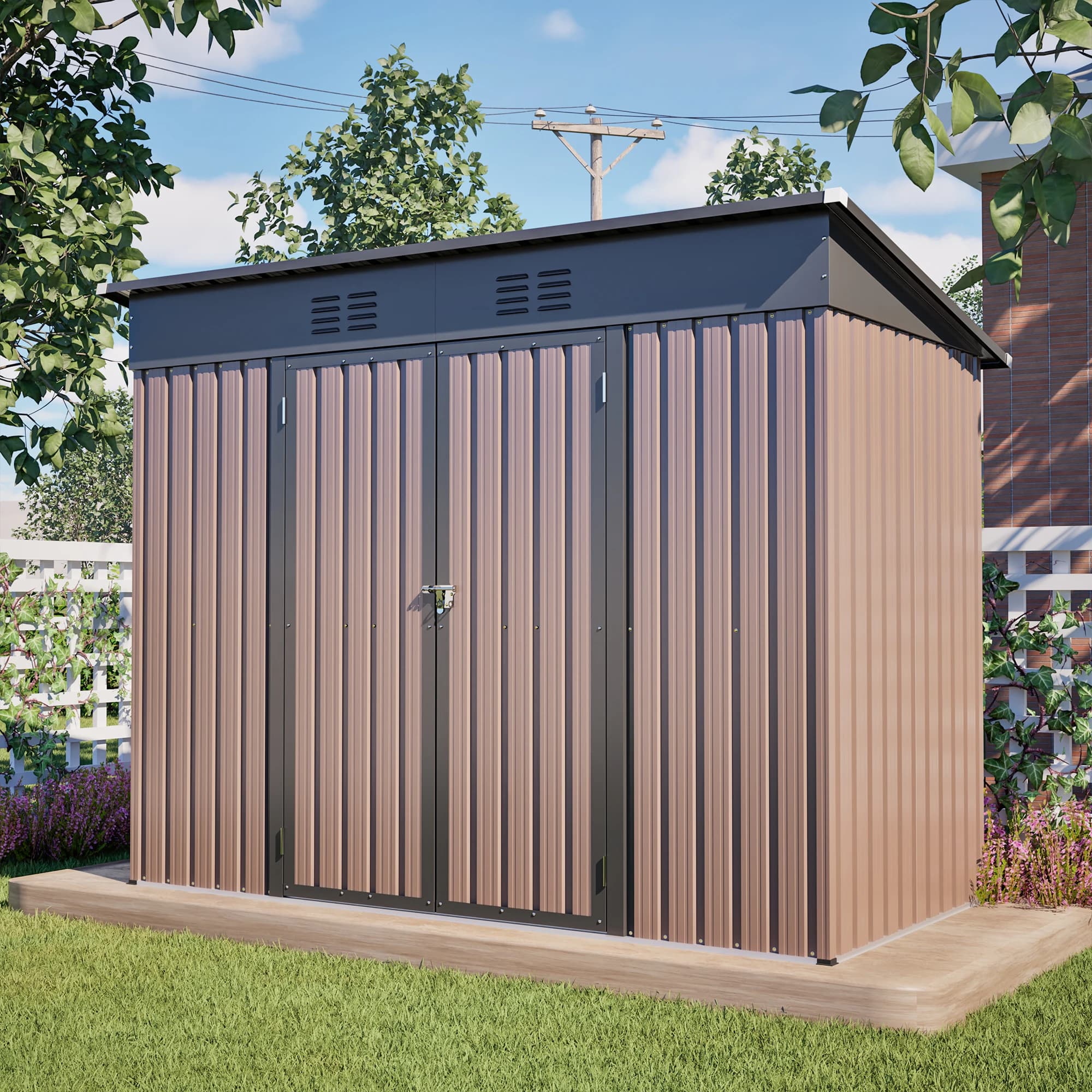 Metal Storage Shed, Outdoor Garden Tool House, 8x4 FT Weatherproof Metal Shed with Stable Base Frame, Spacious Brown Outdoor Storage Cabinets, Including Foundation Frame, Ideal for Garden, Patio, Backyard Tools and Sundries Storage