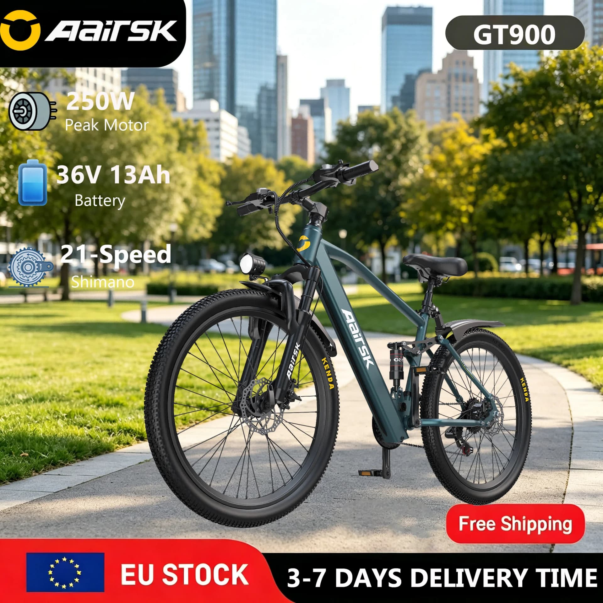 Aairsk Gt900 26" Electric Bike 250W 45Nm Motor 36V 13Ah Battery Dual Suspension Disc Brake 21 Speeds Nfc Start Adult E-Bike