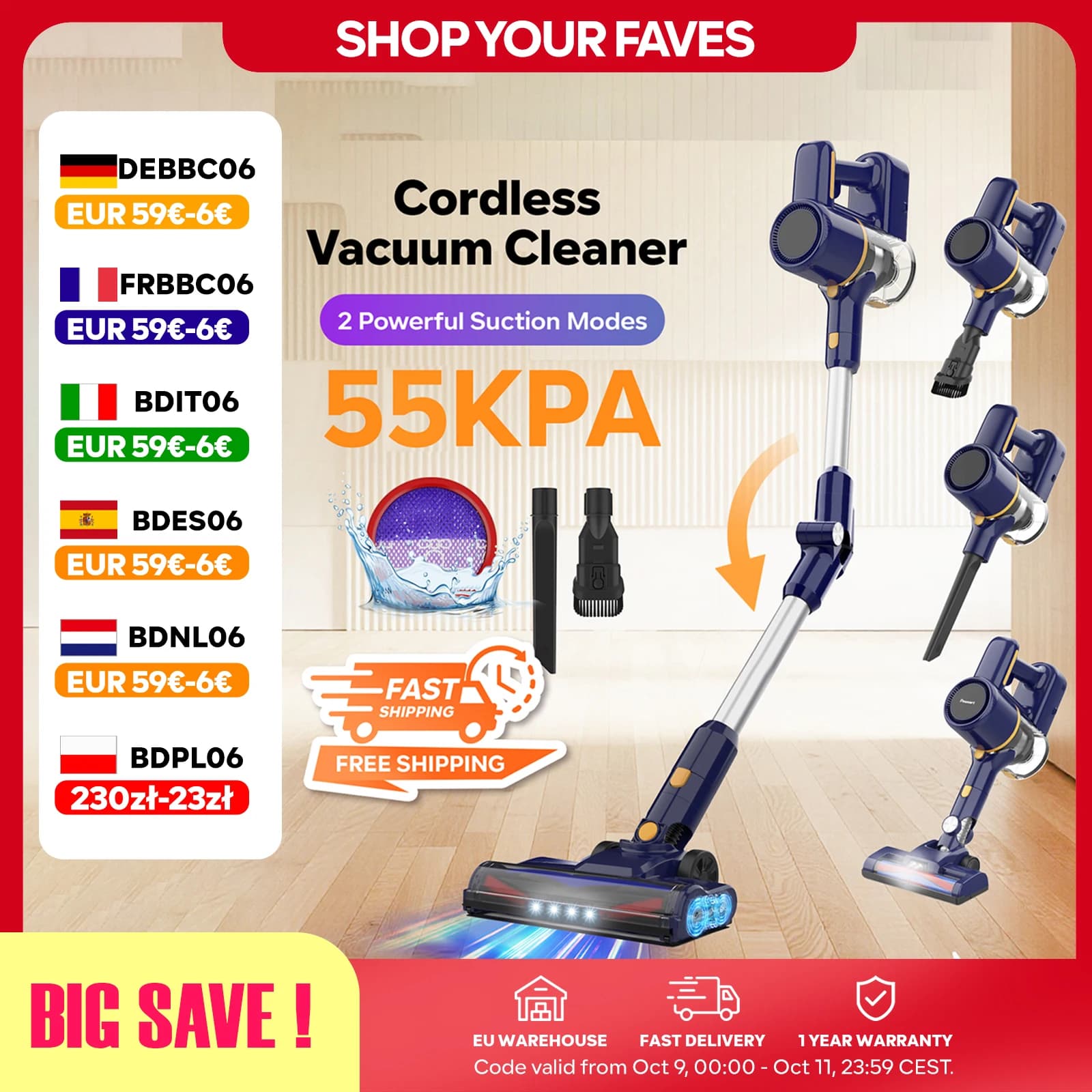 55Kpa Powerful Cordless Stick Vacuum Cleaner 40Min Runtime Bendable Tube 8*2200Mah Led Brush V Carpet Floor Car Cleaning
