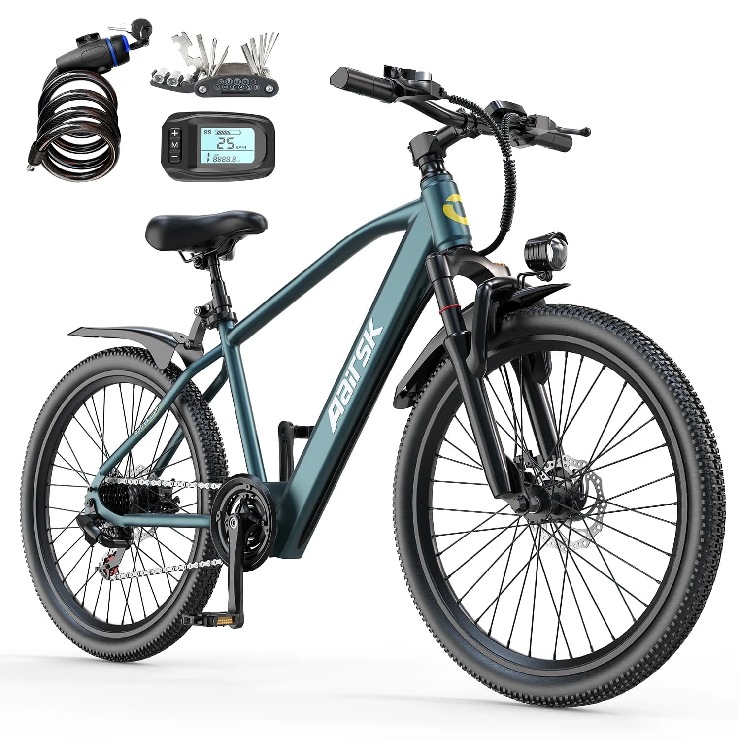 26' Electric Bike for Adults, 250W Brushless Motor, 36V 10Ah Battery, Up to 40 Miles Range, 25km/h 7-Speed E Bike, Front Suspension NFC