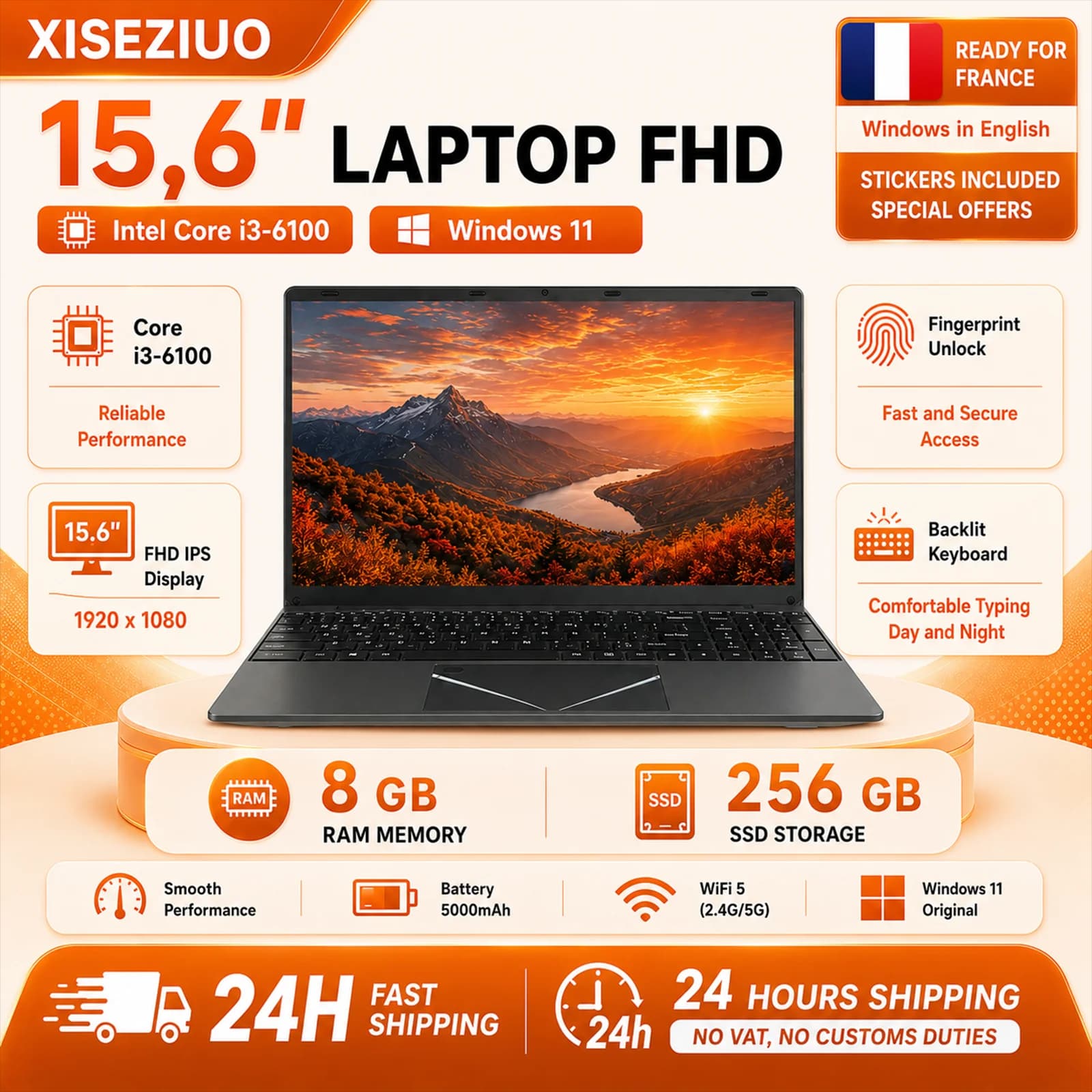 15.6 Inch FHD IPS Laptop Intel Core i3-6100U 8/16GB DDR4 RAM 256/512GB SSD Windows 11 Notebook Computer WiFi 2.4G/5G Bluetooth 5.0 5000mAh Battery Numeric Keypad Fingerprint Unlock Backlit Keyboard HDMI Office Business Student Home School PC Fast Shipping
