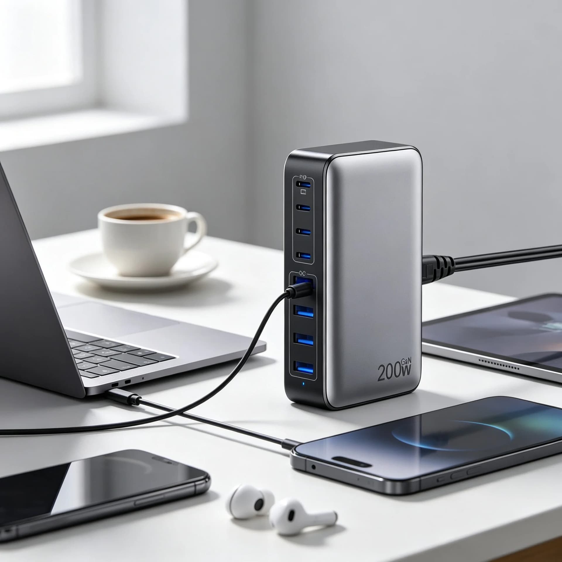 8-in-1 GaN USB-C Charger 200W, Multi-Port Fast Wall Charger Power Adapter for Smartphone Laptop Tablet Charging