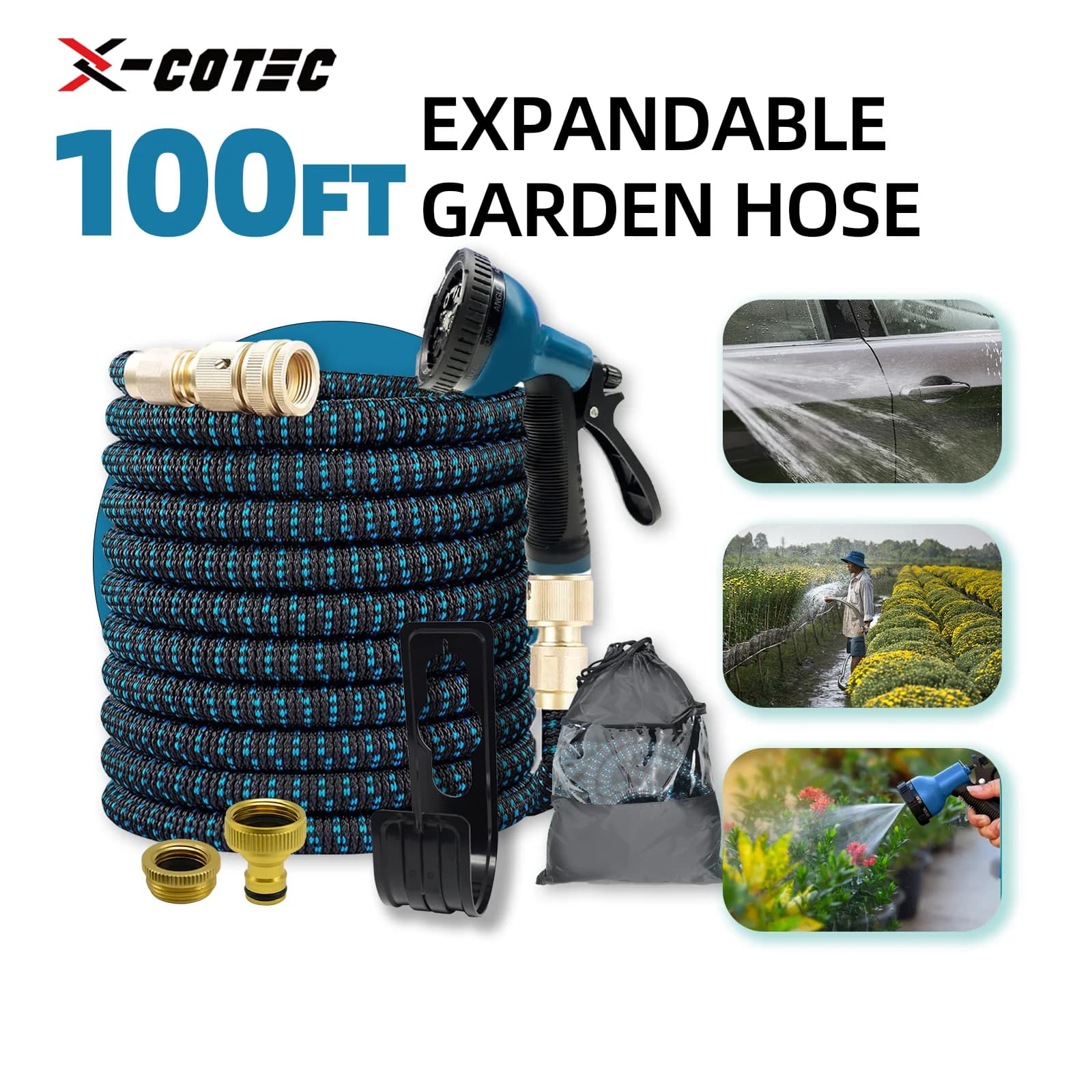 X-Cotec Expandable Water Hose 15m/30m, 1/2" 3/4" Brass Connectors, 10 Spray Patterns Spray Gun, Flexible Hose for Garden and Car