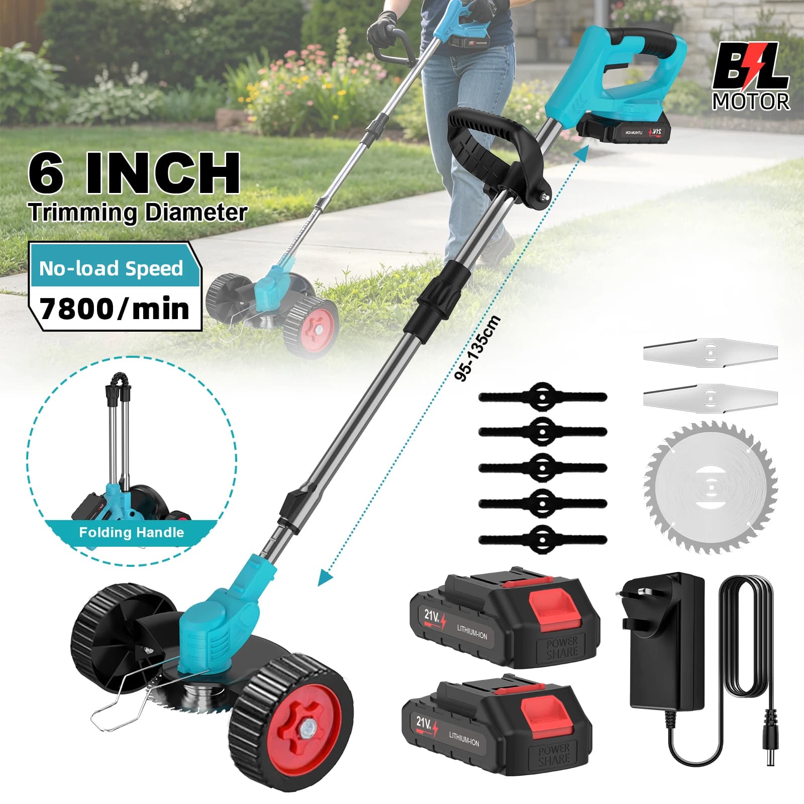 Cordless Electric Lawn Mower 7800/min Grass Trimmer Foldable Adjustable 100-135cm Garden Weeding Pruning Tool  for Makita 21V Battery Pin