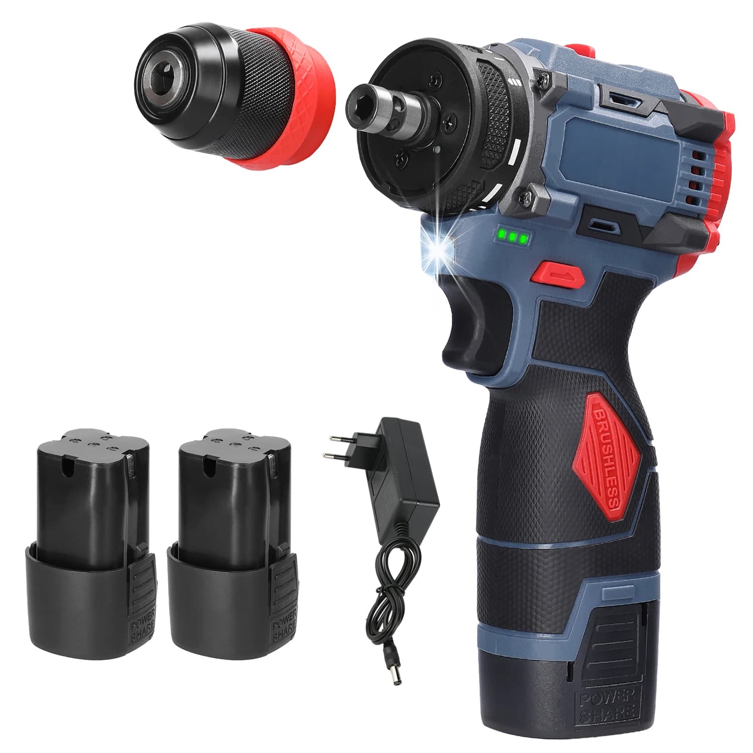 2-in-1 Cordless Drill & Electric Screwdriver Set, Brushless Power Tool with 2 Battery, Variable Speed Trigger, for Furniture Installation & Construction