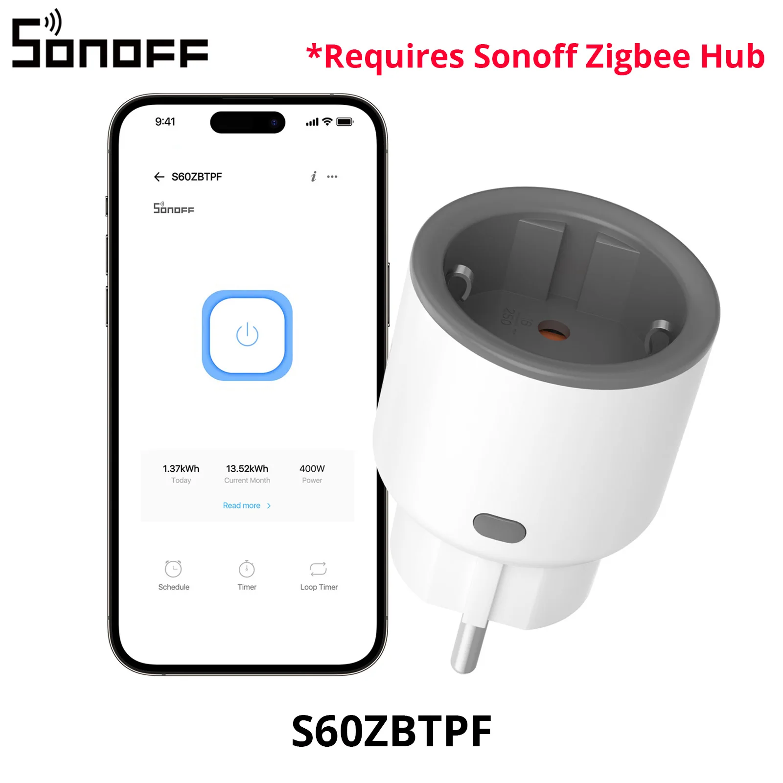 SONOFF S60ZBTPF EU iPlug Zigbee Smart Plug ZIgbee Router Device Overload Protection ENergy Monitoring Timer APP Remote Control Required Sonoff Zigbee Hub