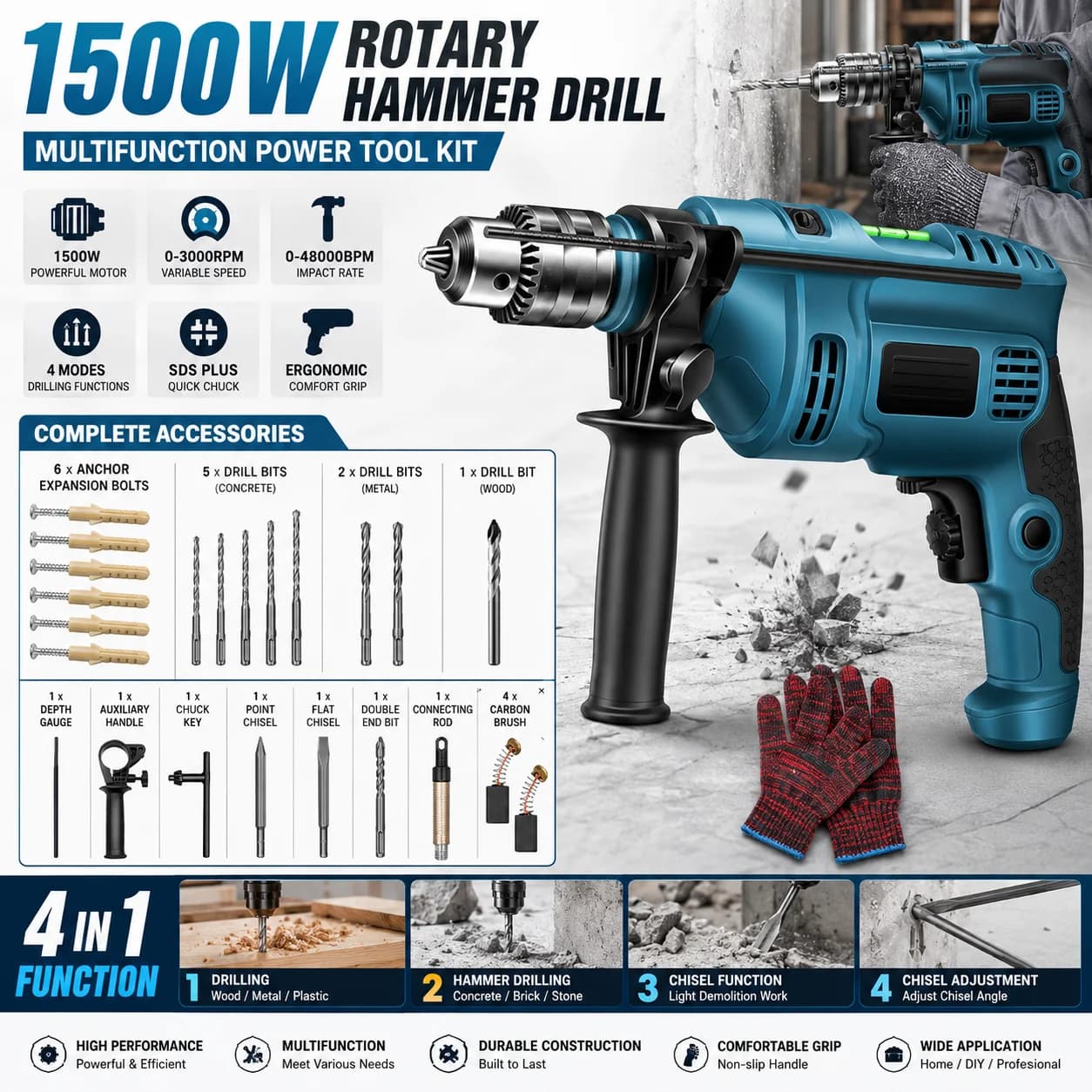 1500W Electric Impact Drill 220V Hammer Drill with Variable Speed, Multi-Function Power Tool for Wood Metal Masonry Concrete Wall Drilling, Home DIY Repair Tool