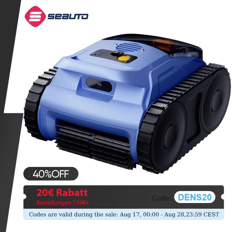 Seauto SAT20/SAT20pro Pool Vacuum 150 Mins Running Up to 2000 Sq.ft., 45,000Pa Powerful Suction, Wall-Climbing for Above Ground Pool