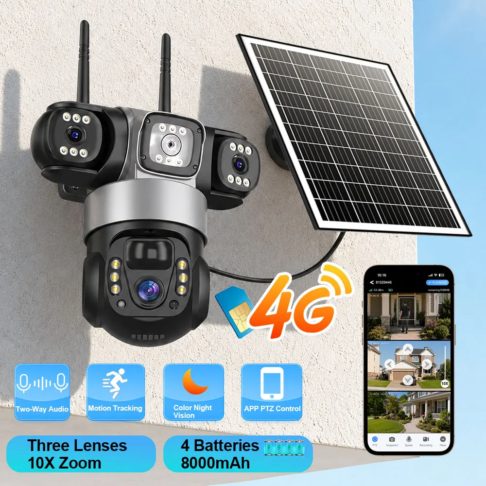 12MP Tri-Lens 4G Solar Security Camera  PIR Motion Detection Auto Tracking Color Night Vision Two-Way Audio Voice Alarm Outdoor Wireless Surveillance Cam