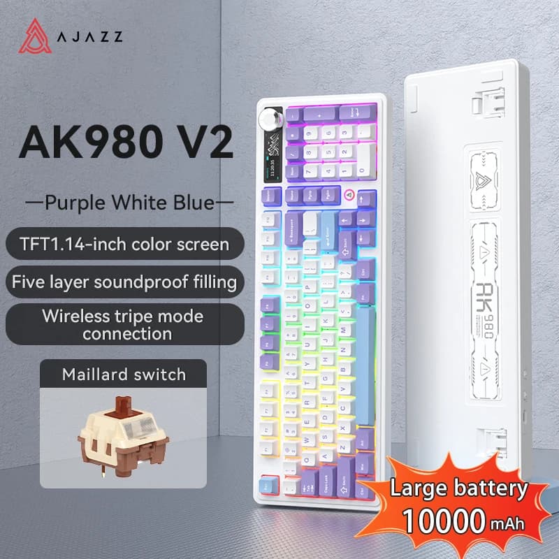 AJAZZ AK980 V2 Wireless Bluetooth 2.4G Wired Tri-Mode Keyboard Black Grey Yellow TFT Color Screen RGB Mechanical Gaming Keyboard