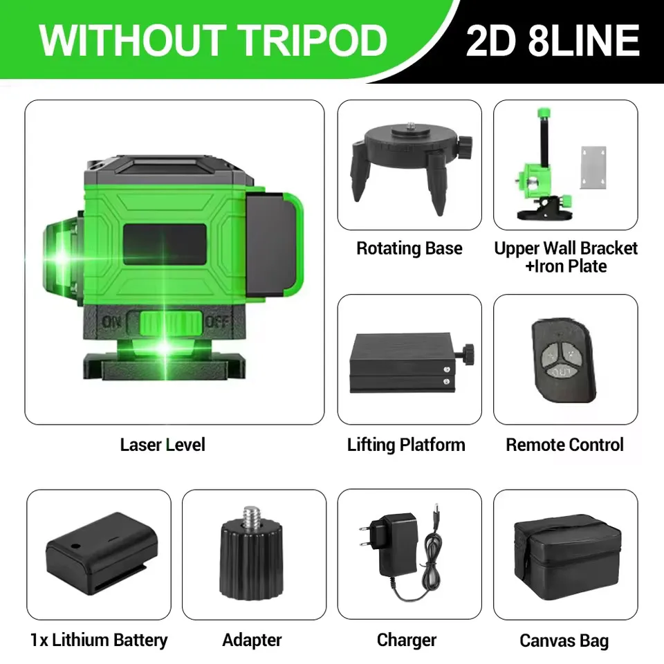 16 Lines 4D Laser Level Green Line With Tripod Stand Self-leveling 360° Horizontal & Vertical Power Laser Level Professional Construction Tools With 2pcs Battery