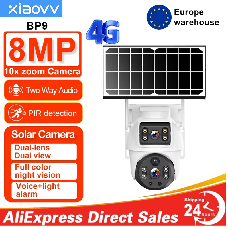 Xiaovv 8MP 4K Wireless Solar Camera 4G Sim Outdoor Dual Lens IP Camera PIR Night Vision CCTV Security Protection Monitor