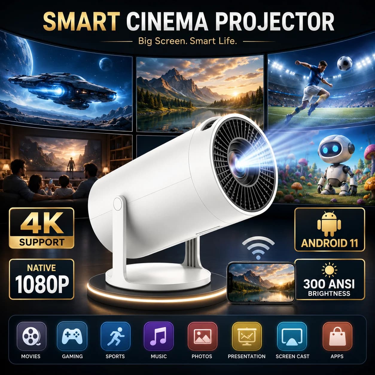 Mini Projector HY300 50ANSI LED, mobile projector, mirror without screen thread, house cinema, in the open air cinema, HDMI USB projector 4K HD