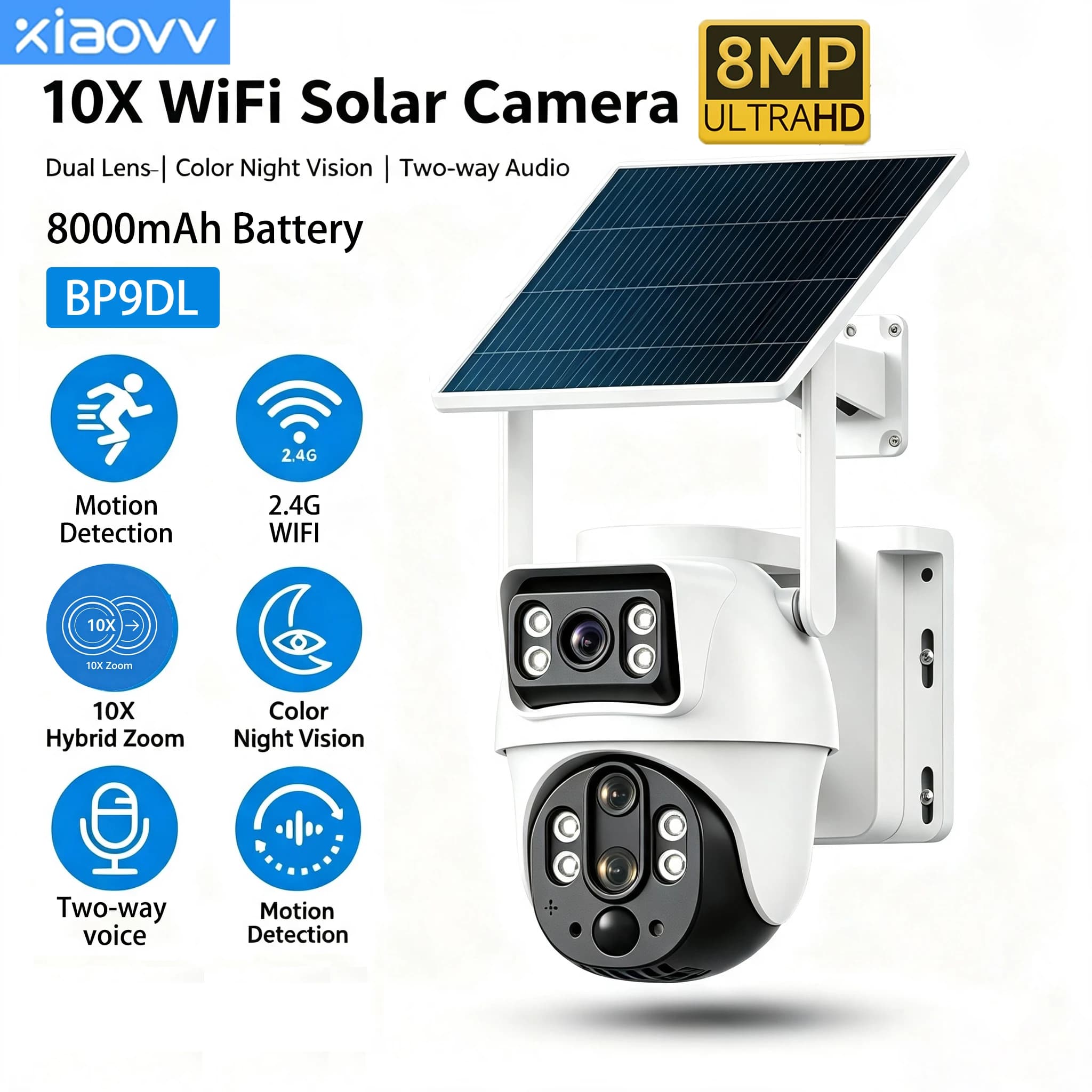XIAOVV Solar WiFi PTZ Camera Dual Lens 10X Zoom 8MP PIR Tracking Dual Screen Night Vision Two Way Talk Waterproof Cam