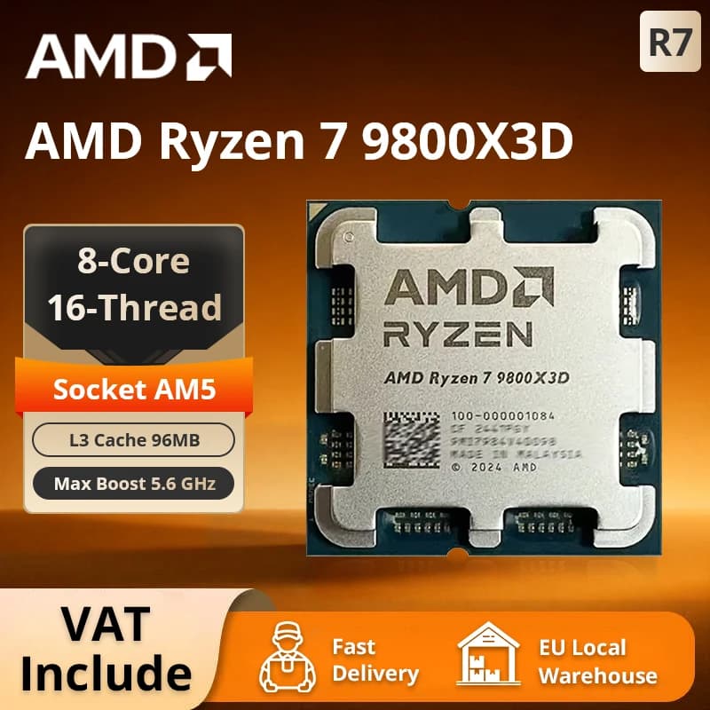 AMD Ryzen 7 9800X3D Desktop CPU – 8 Cores, 5.6GHz Boost, 96MB L3 Cache, 120W TDP, AM5, No Cooler Included