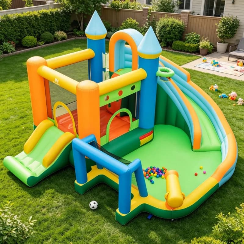 Inflatable Water Slide Blowup Bounce House with Dual Slides and Splash Pool (Without Blower) Safe Bouncy Play Space for Kids, Interactive Sound Design Adds Fun to Indoor and Outdoor Entertainment.