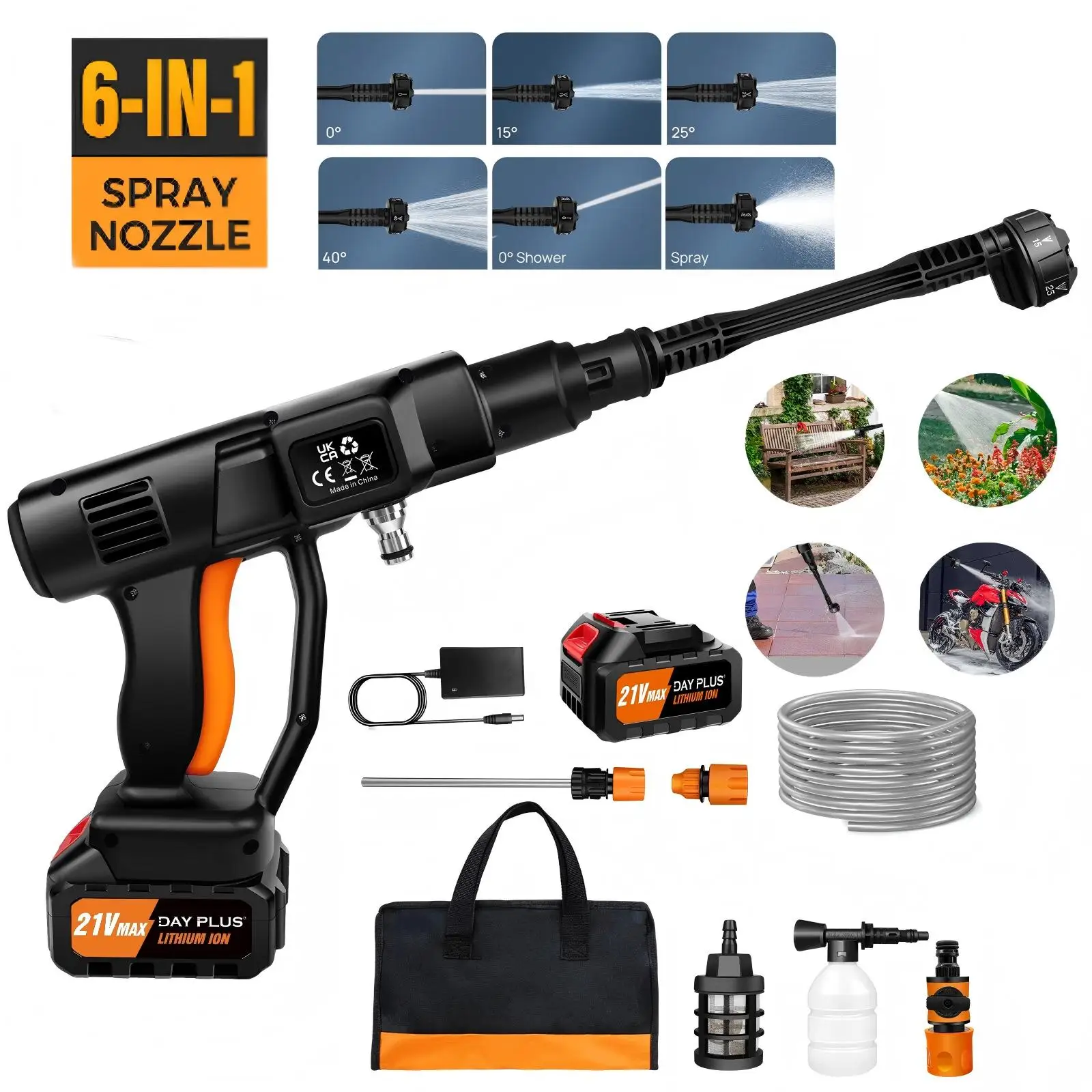 Cordless Pressure Washer, Portable Pressure Washer With 1 or 2 Battery, 6-in-1 Adjustable Nozzle, 5M/16.4FT Hose Pressure Cleaner For Home/Car/Floor/Garden Cleaning & Washing