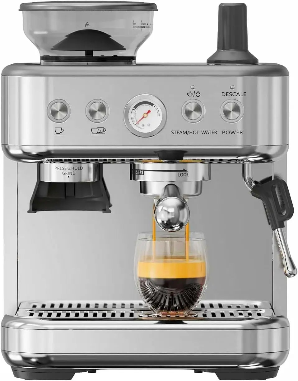 Towallmark espresso machine with grinder, 15 bar, PID control, 250g bean hopper, 360° steam wand, 2.3 L water tank, brushed stainless steel, 1350 W