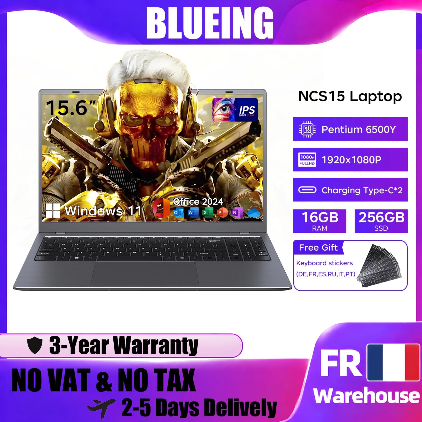 BLUEING 15.6-in Laptop 16GB  512GB Computer Intel Pentium 6500Y (Up to 3.4GHz) Windows 11Pro Laptop IPS NVMe SSD Numeric Keyboard WIFI 5