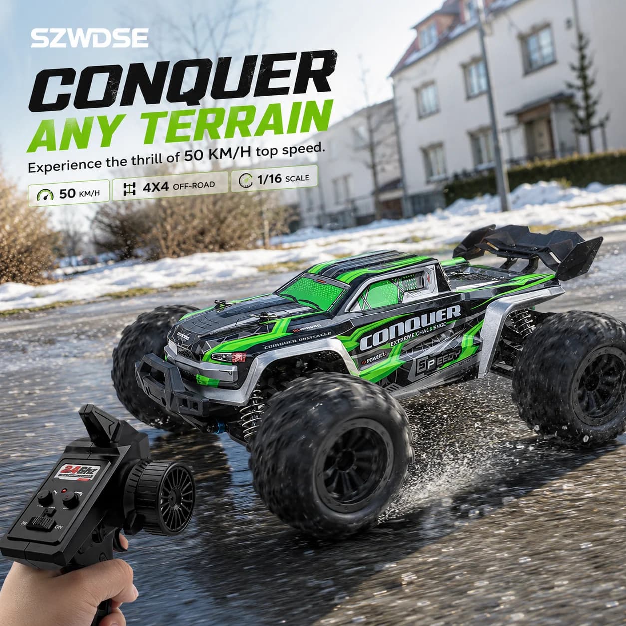 RC Car 1:16 Scale Off-Road 4WD 50km/h High Speed 390 Motor 35A ESC 2.4GHz Remote Control 17G Servo Metal Shocks IPX4 Waterproof Wheelie Bar RTR Hobby Truck Gift for Kids Adults