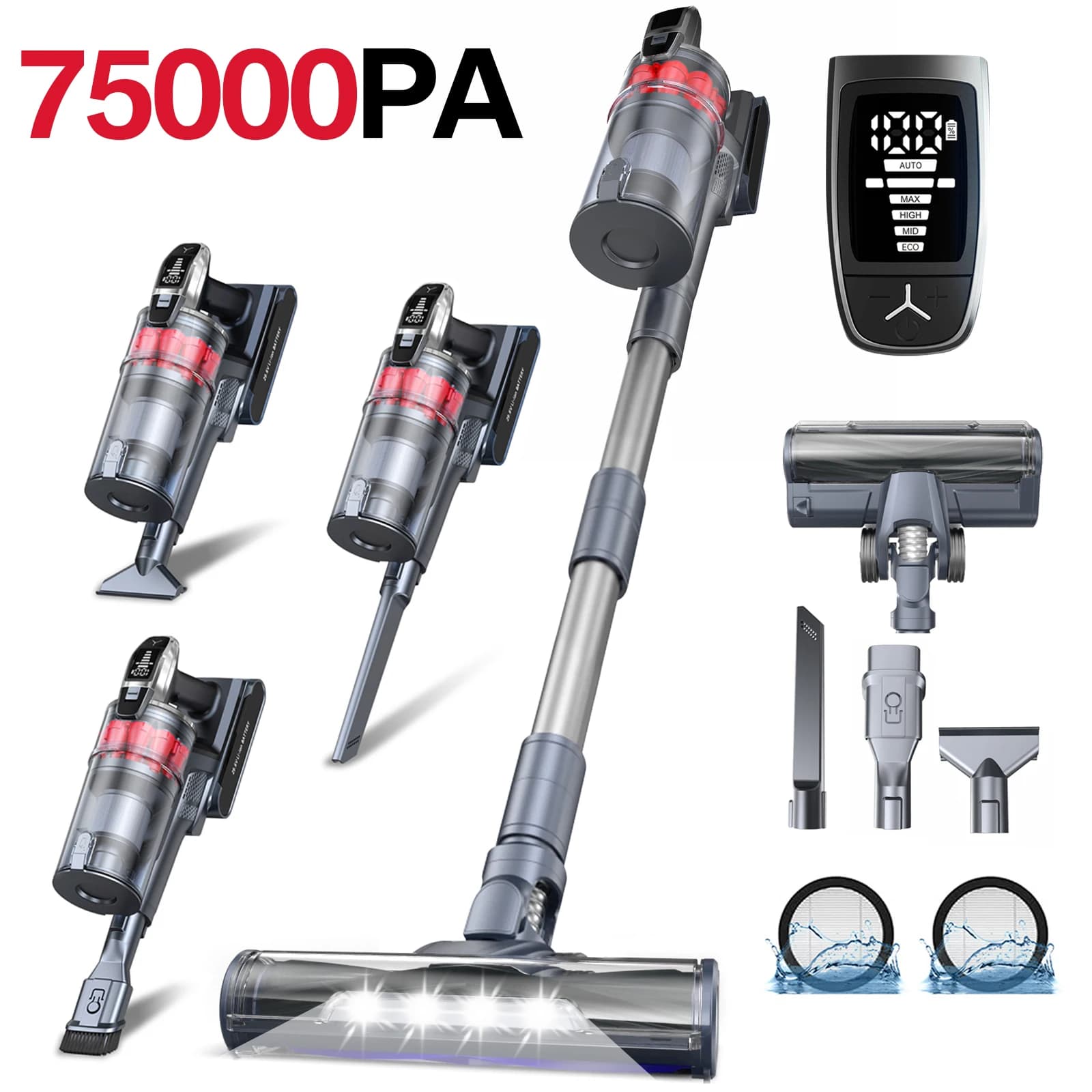 Grenintol Cordless Vacuum Cleaner, 500W/75KPa, 60-Min, Washable Filters, 6-Stage High-Efficiency, For Home/Kitchen/Car/Pet Hair