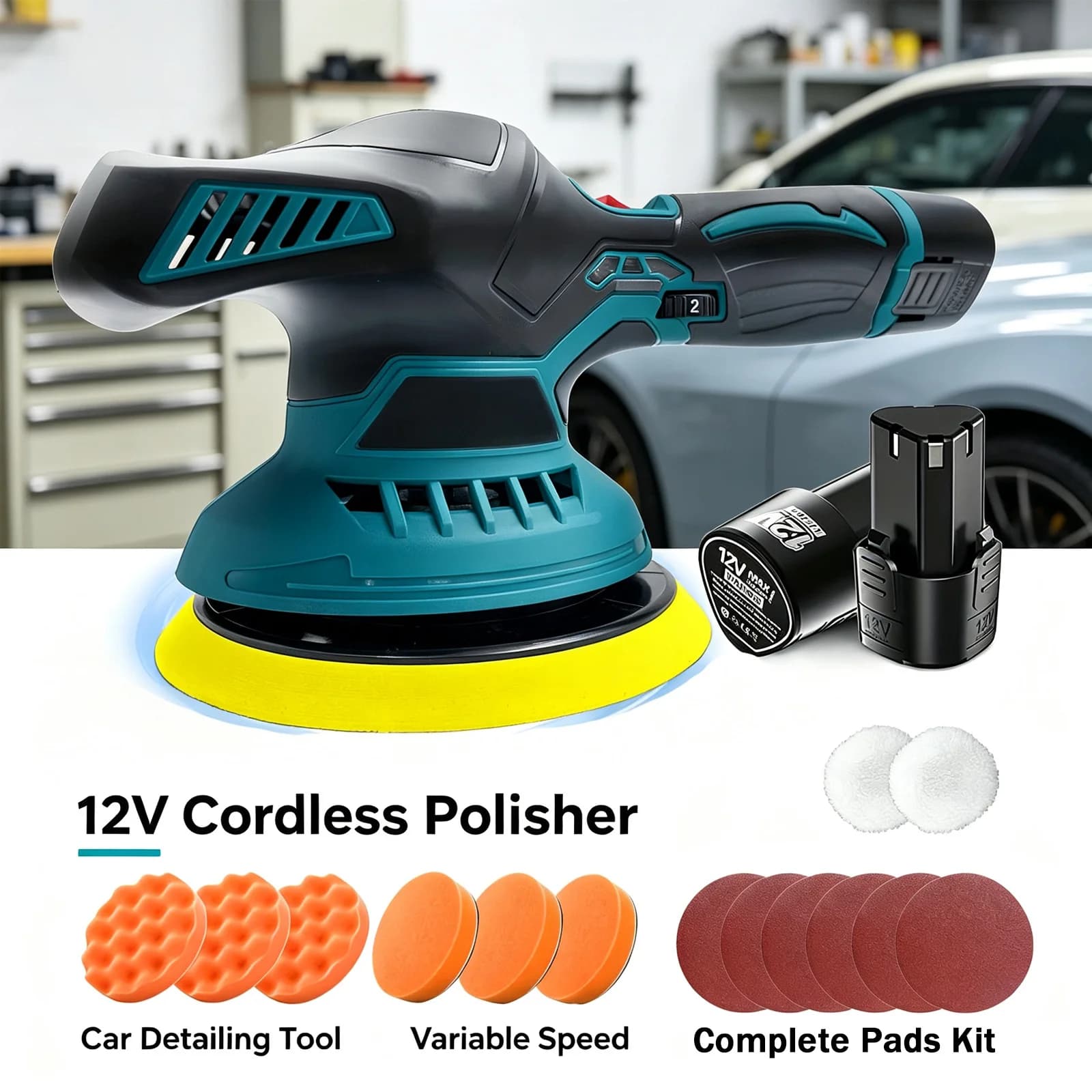 12V Mini Cordless Car Polisher Wireless Car Buffer Waxing Machine Portable Electric Polishing Tool with Sponge Pads Sanding Discs for Auto Detailing Car Scratch Removal