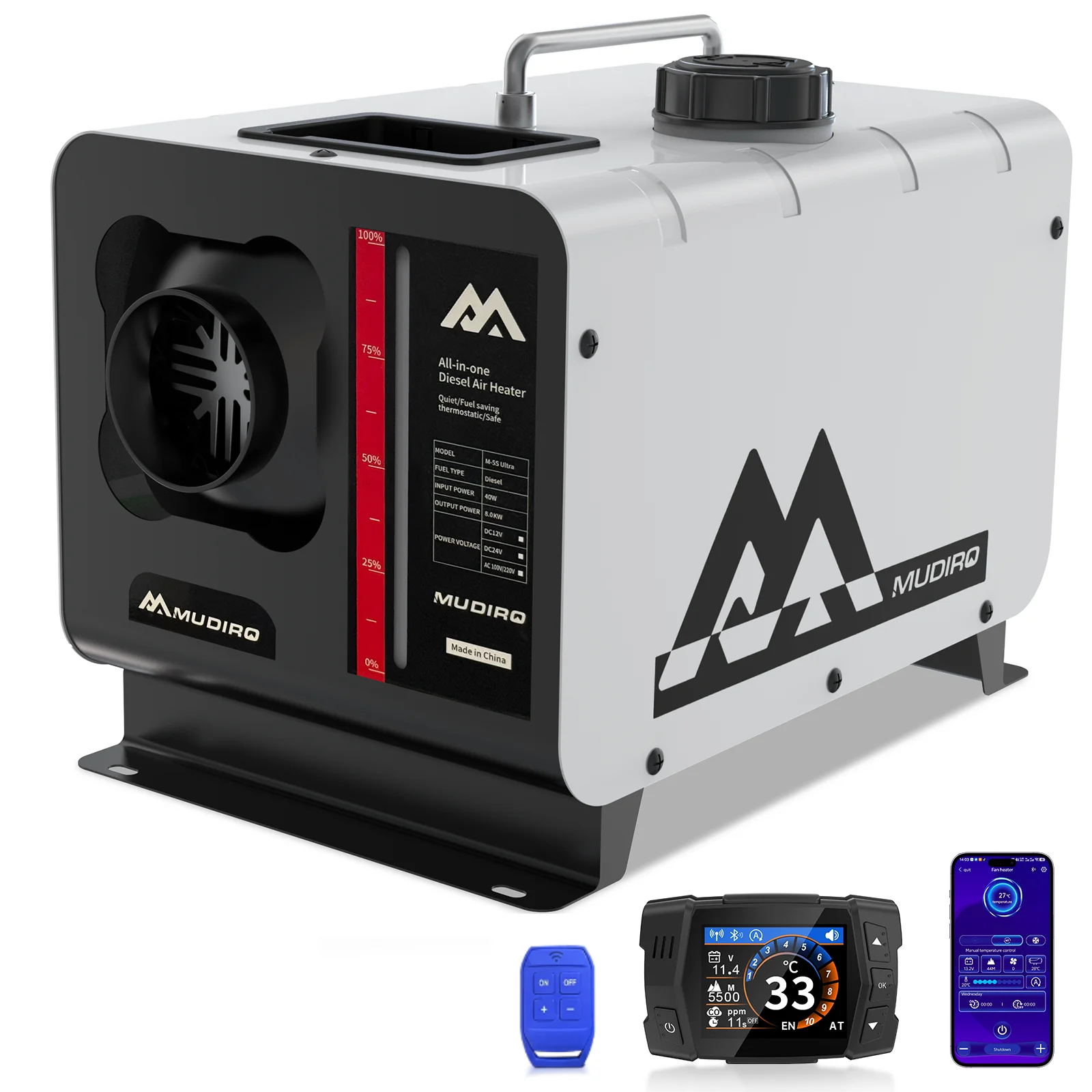 12V/24V/240V Mudiro 8KW Diesel Heater with CO Protection (Auto Shut-off & Alarm), Thermostat, TFT Display- for Camping, RV, Tent