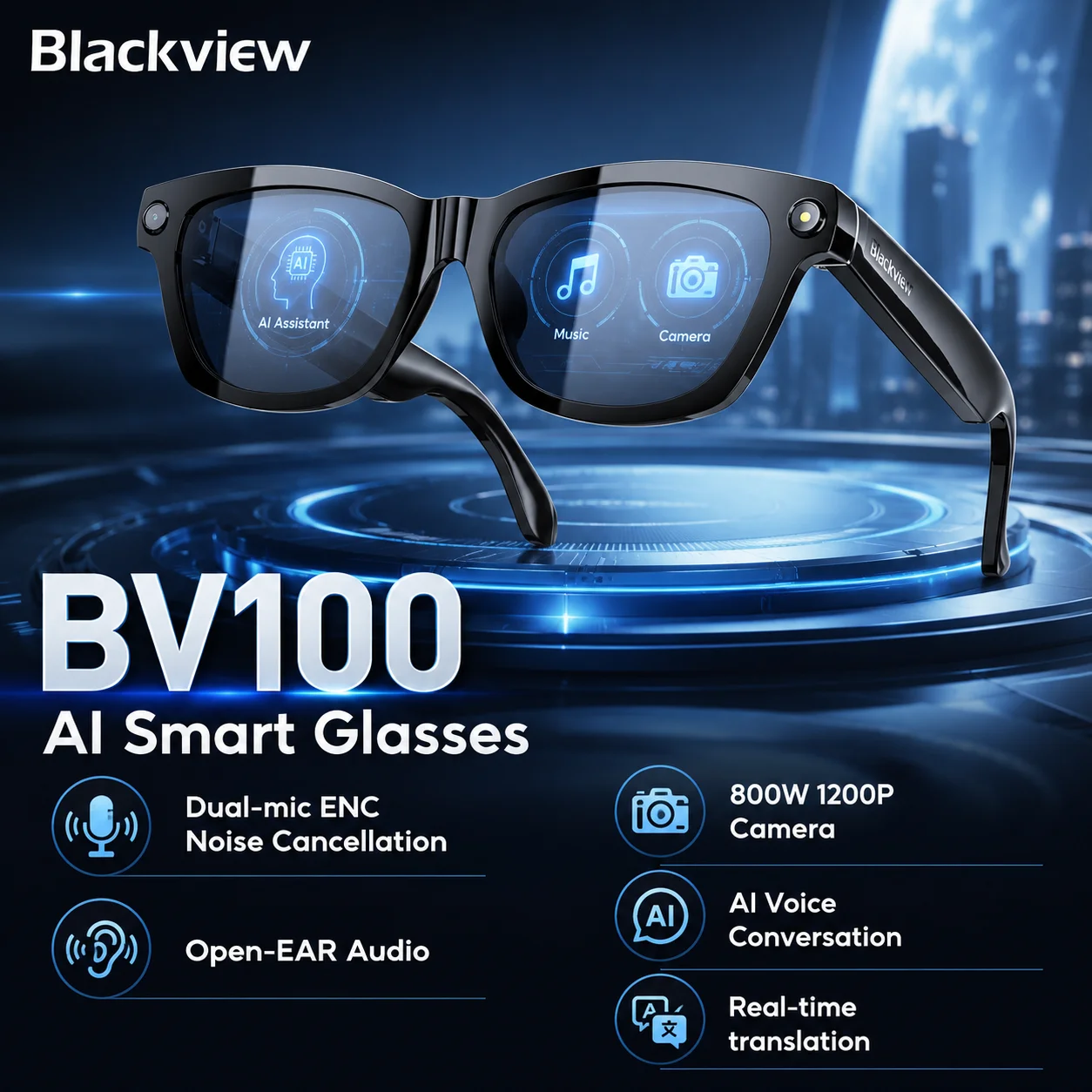 Blackview BV100 Smart Glasses, HD Camera,Bluetooth 5.4,220mAh Battery,Stereo Bass Speakers,Noise Cancelling Mic,Wear Detection