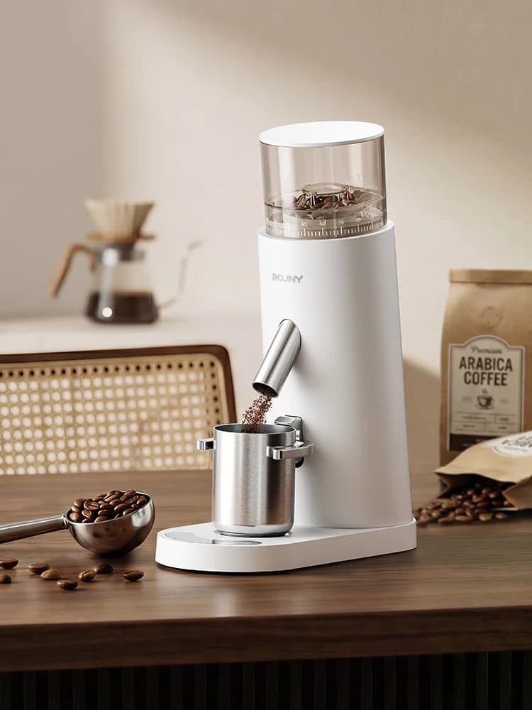 ROUNY USB-C Rechargeable Coffee Grinder 60 Settings, 41mm Stainless Steel Burr, LED Touch, Cordless Portable, White