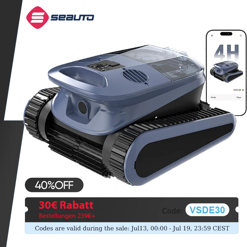 Seauto SAT 40 robot pool cleaner, 240-minute runtime, wall-climbing function, waterline cleaning, for in-ground pools up to 3,200 square feet