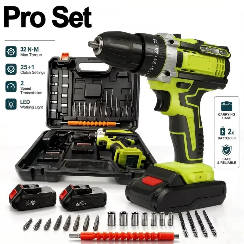 Cordless drill, hammer drill, 28V drill, drill kit, electric screwdriver, lithium drill, 2-cell battery, variable speed, power tool, household tool set, drilling driver, 1350rpm, 1300mah battery, 24 drill bit set)
