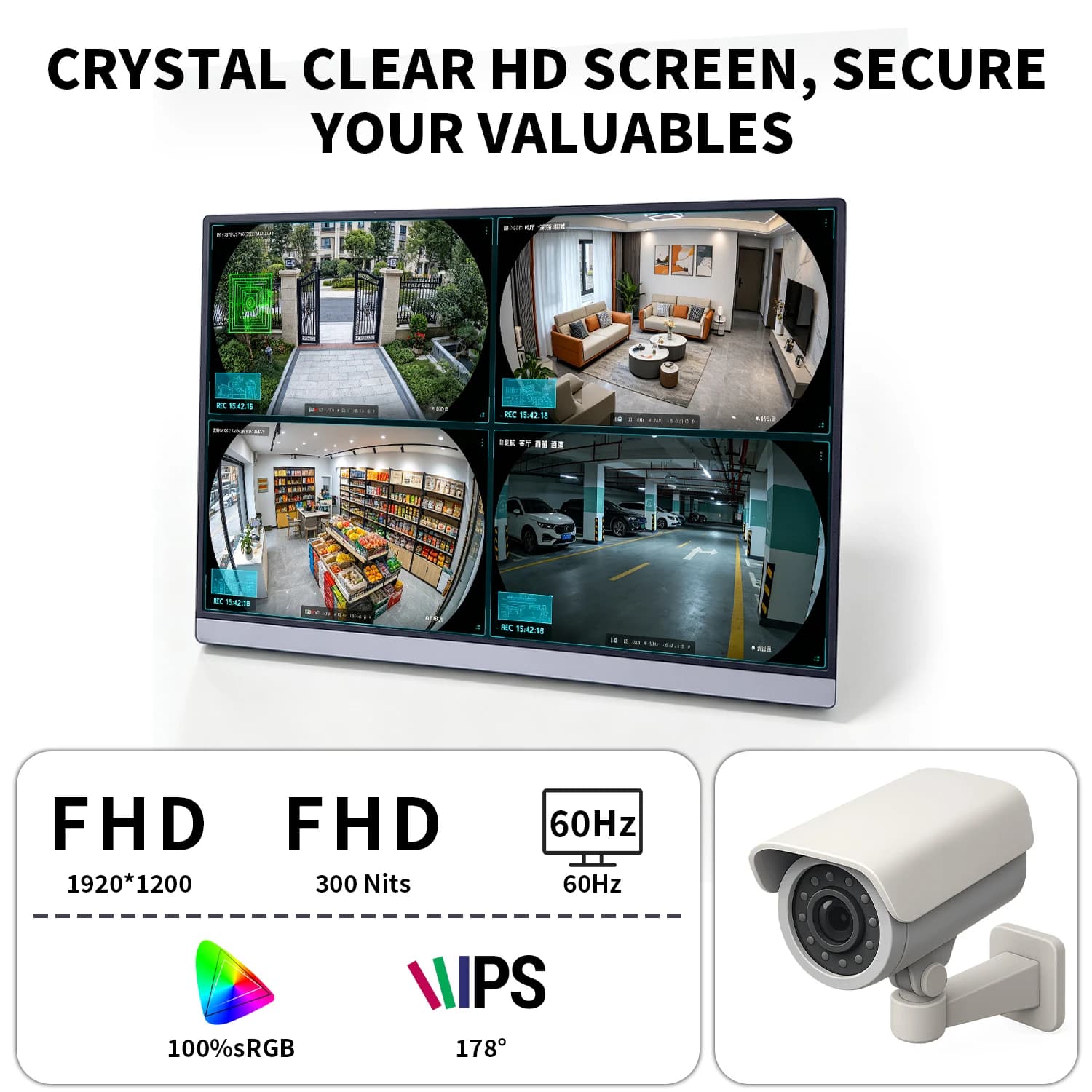VEOUT 16 Inch 1200P CCTV Surveillance Monitor, 60Hz Smooth Display, Portable Lightweight Secondary Screen for Retail Store Warehouse Home Security Camera System
