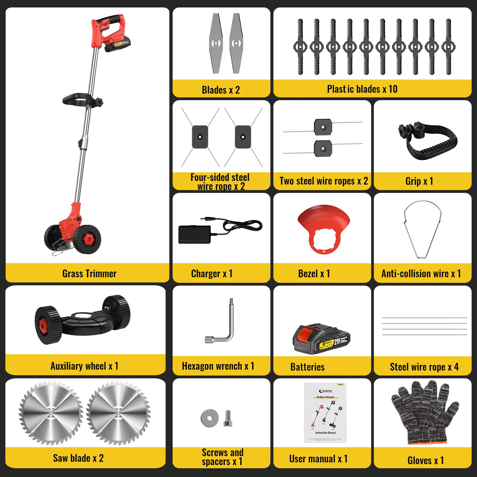 CONENTOOL 21V Cordless Lawn Trimmer Multifunctional Electric Grass Cutter with Wheel Weed Wacker Brush Cutter Garden Tool for Makita 18V Battery Pin