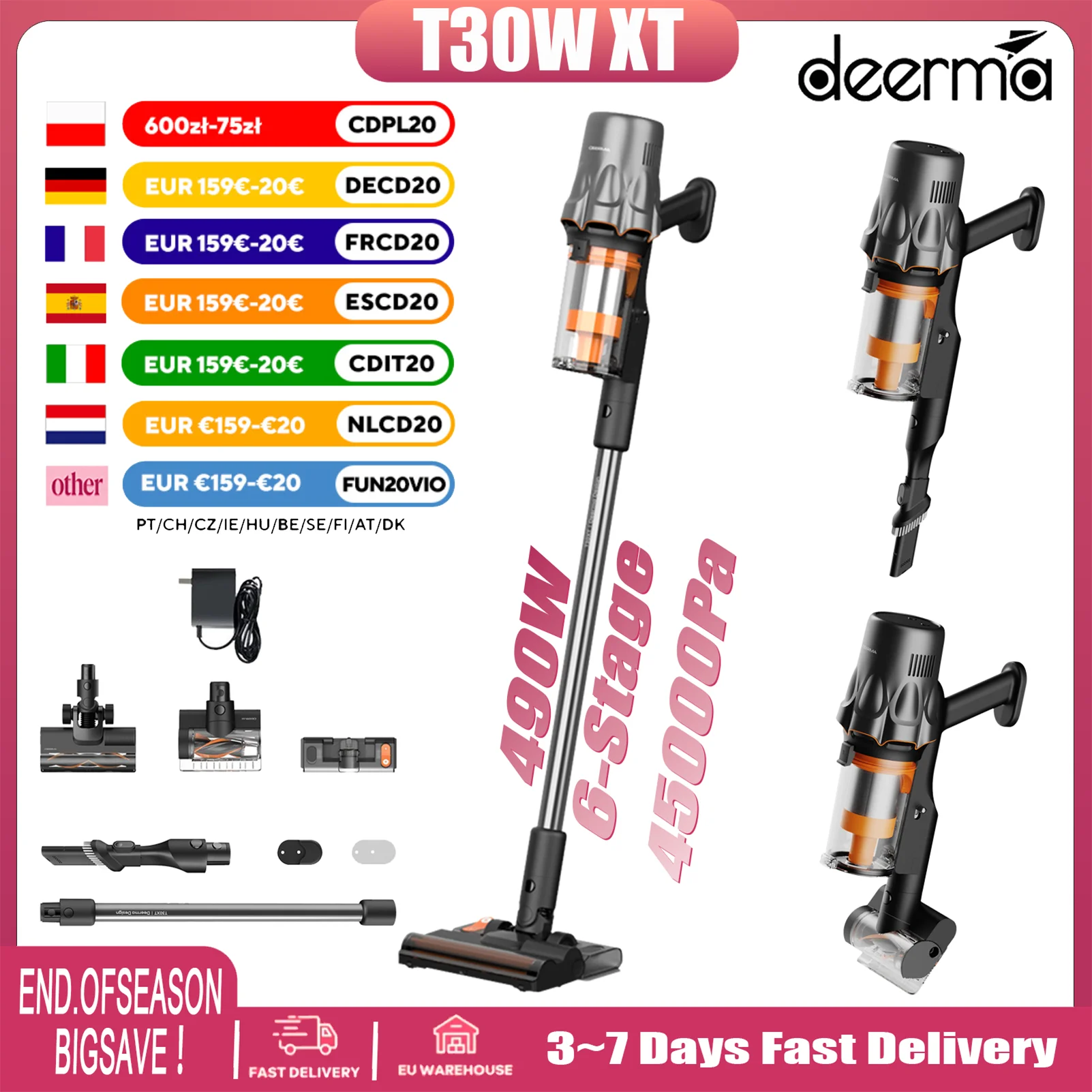Deerma T30W XT Cordless Stick Vacuum Cleaner - 45kPa Suction Power, 6-Stage Filtration, 120° Green Backlight, Wet & Dry Cleaning, 60 Mins Runtime, V-Shaped Anti-Clog Brush, TÜV-Certified Dust Mite Rem