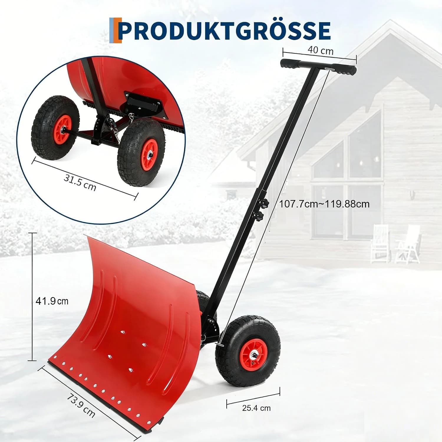 HiMISS Snow Shovel with Wheels, Single Handle Metal Snow Plow Shovel with 5-Position Angled Blade, Ergonomic Handle & Rubber Wheels, Ideal for Sidewalk, Doorway, 42x74cm/50x74cm
