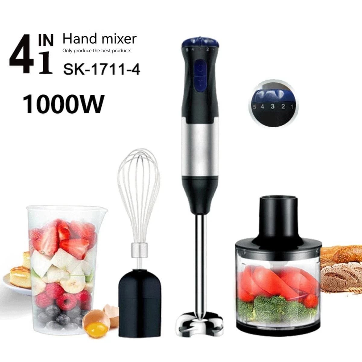 4 in 1 High Power 1000W Immersion Hand Stick Blender Mixer Whisk Includes Chopper and Smoothie Cup Stainless Steel Ice Blades