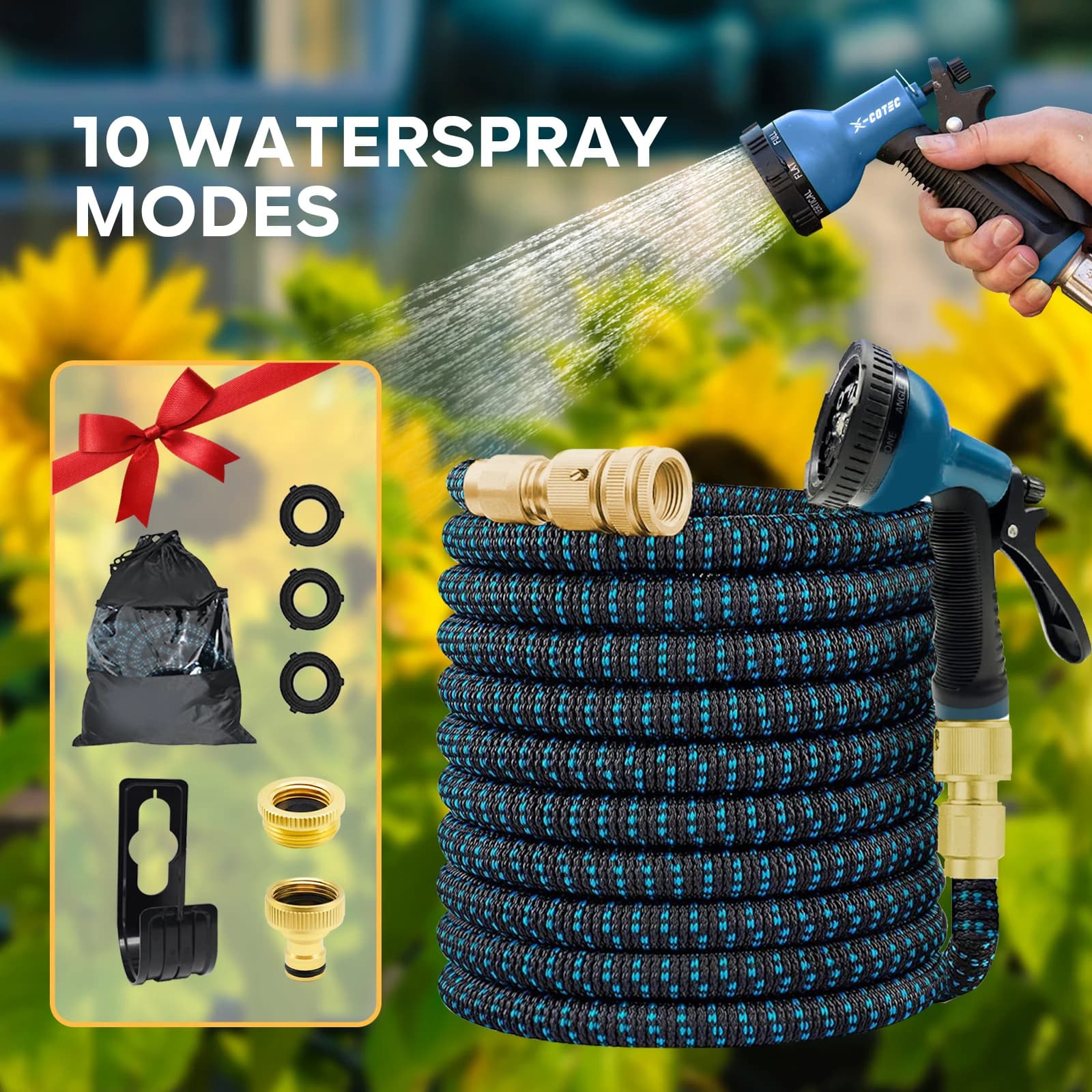 X-COTEC Expandable Garden Hose 15m/30m, Brass Fittings 1/2" 3/4", 10-Function Gun, Flexible Hose for Garden and Car