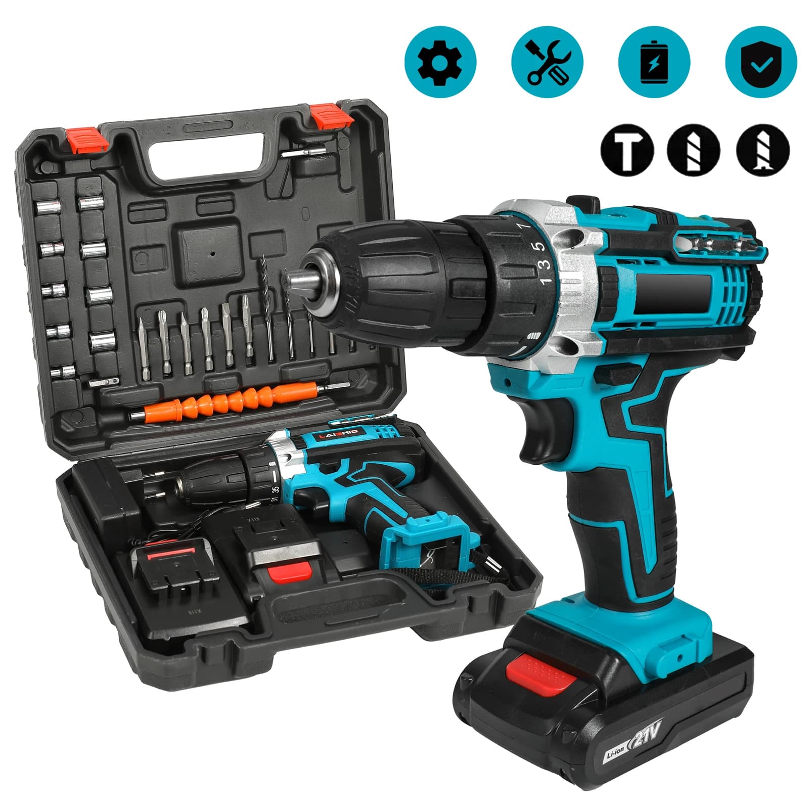 21V Cordless Impact Drill High-power Rechargeable Electric Drill Lithium Battery 1350rpm Speed Multifunctional Screwdriver