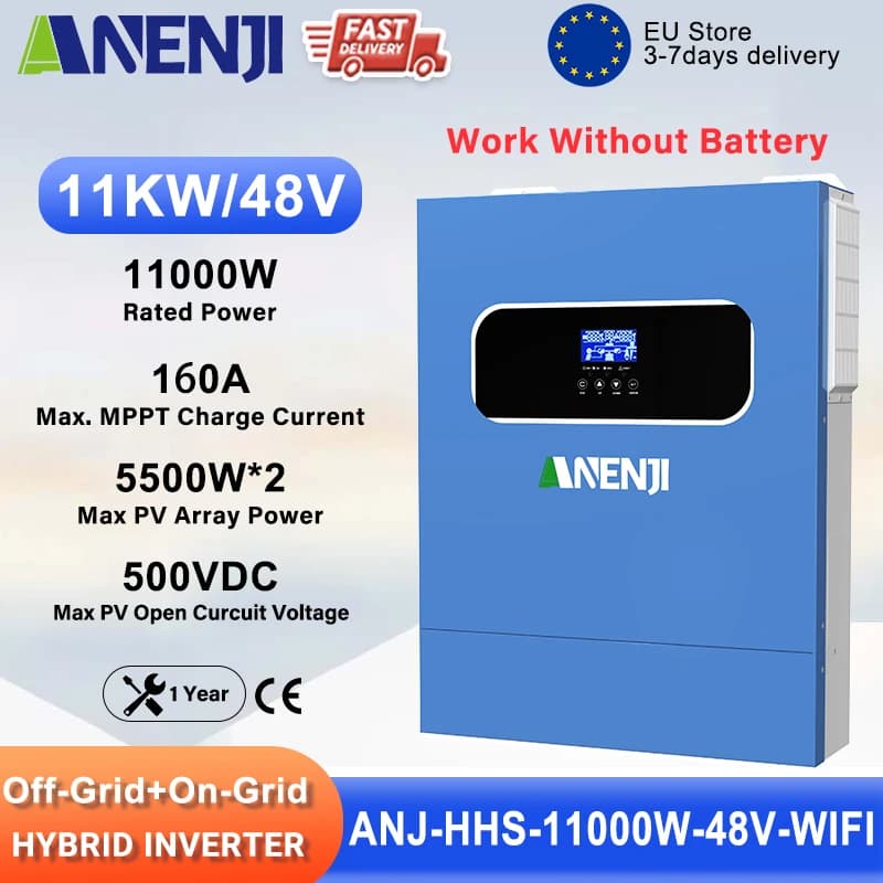 ANENJI 11KW Solar Inverter 48V High Power Off/On Grid Inverter 230VAC Dual PV Input Built-in 160A MPPT Solar Charge Controller